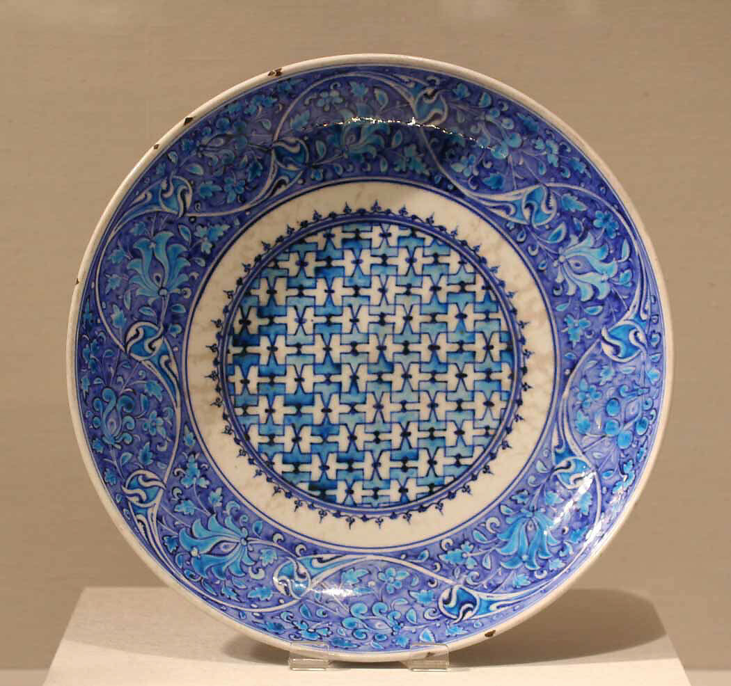 Dish, Stonepaste; painted in turquoise and two hues of blue under transparent glaze
