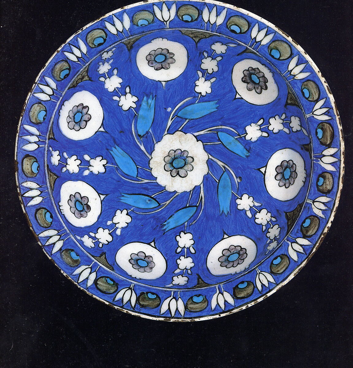 Blue-Ground Dish with Floral Design, Stonepaste; polychrome painted under transparent glaze