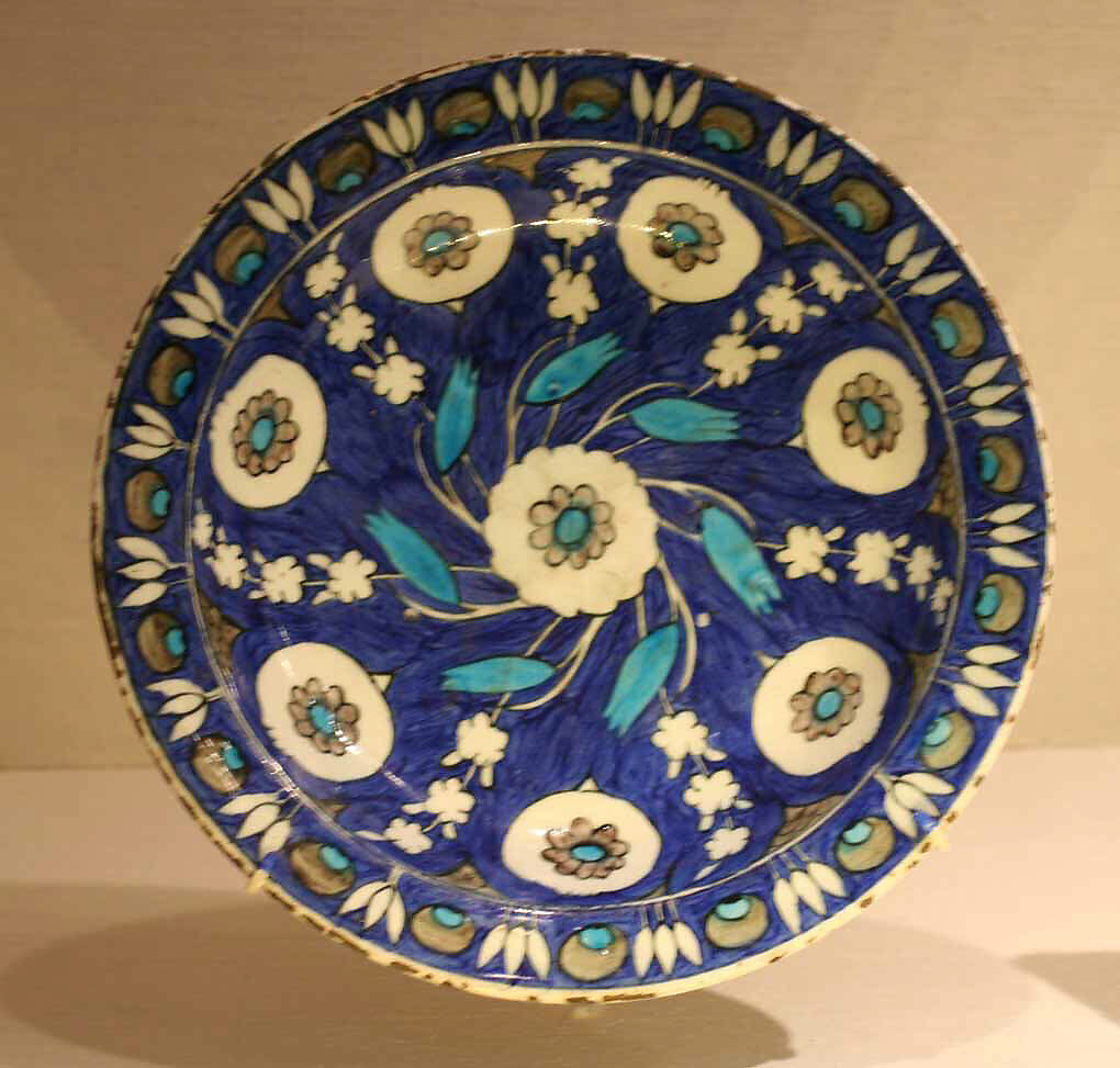 Blue-Ground Dish with Floral Design, Stonepaste; polychrome painted under transparent glaze