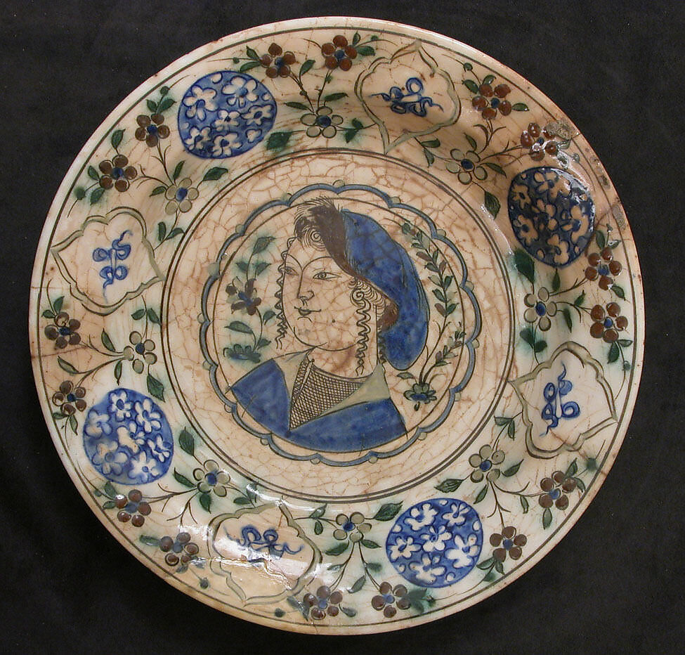 Dish Depicting a Woman Bust and Floral Decoration, Stonepaste; polychrome painted under transparent glaze 