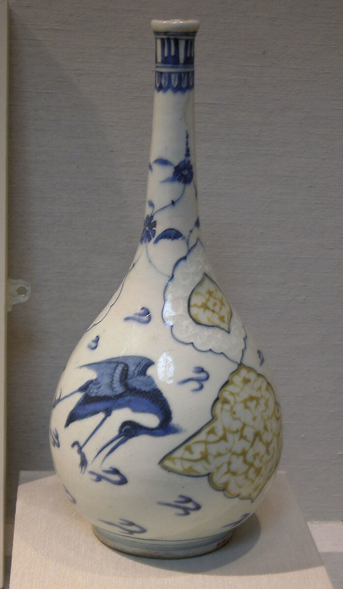 Bottle with Flying Cranes, Stonepaste; polychrome painted under transparent glaze