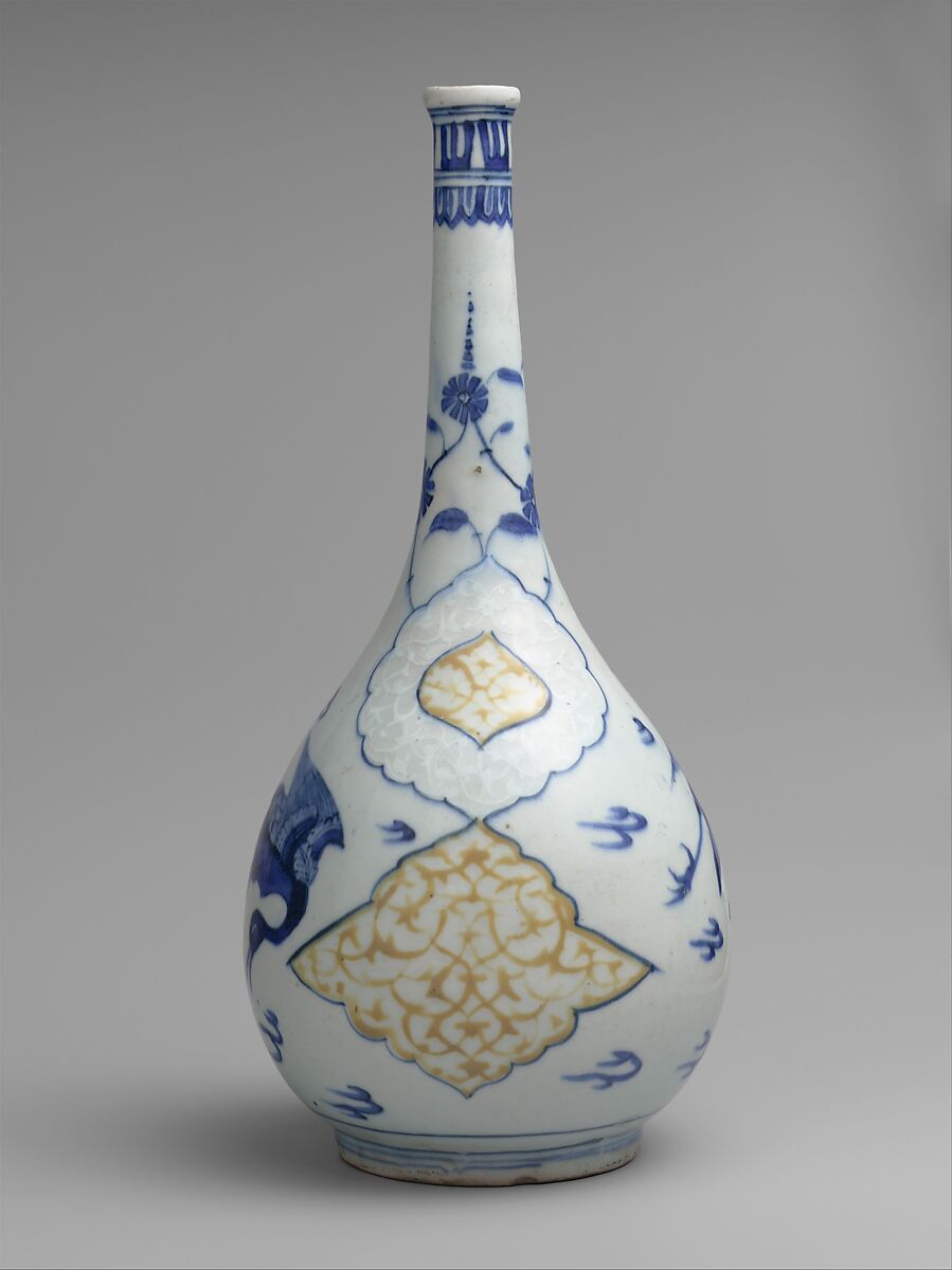 Bottle with Flying Cranes, Stonepaste; polychrome painted under transparent glaze