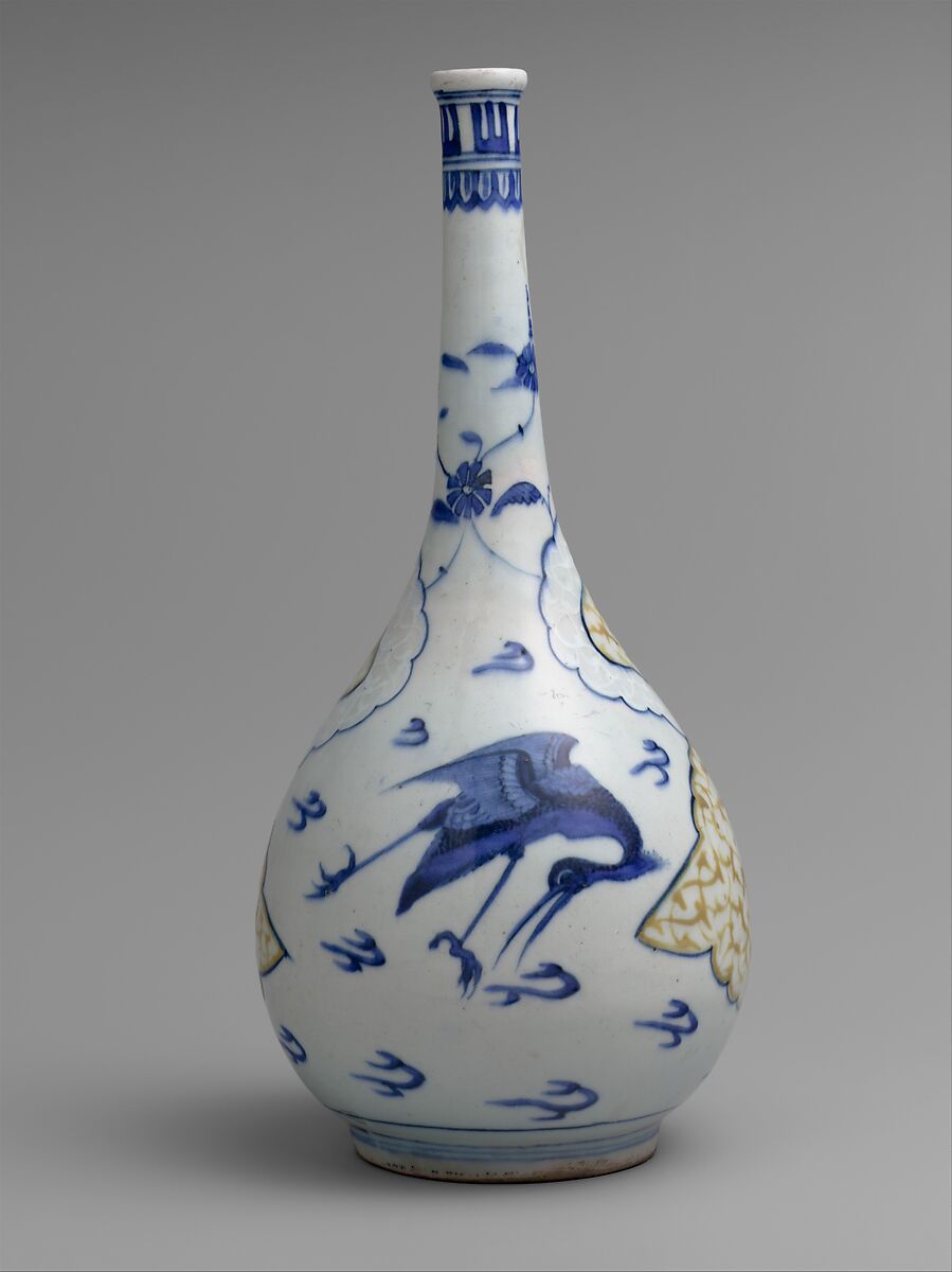 Bottle with Flying Cranes, Stonepaste; polychrome painted under transparent glaze