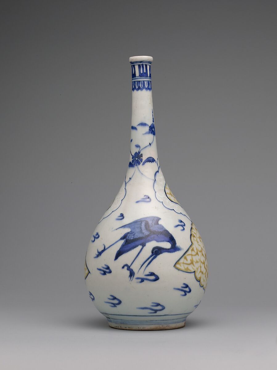 Bottle with Flying Cranes, Stonepaste; polychrome painted under transparent glaze 