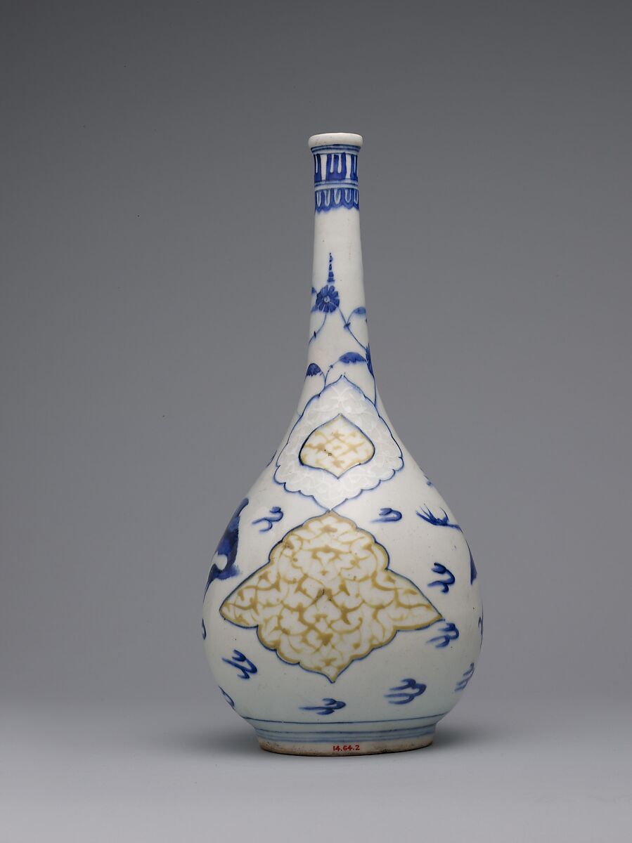 Bottle with Flying Cranes, Stonepaste; polychrome painted under transparent glaze