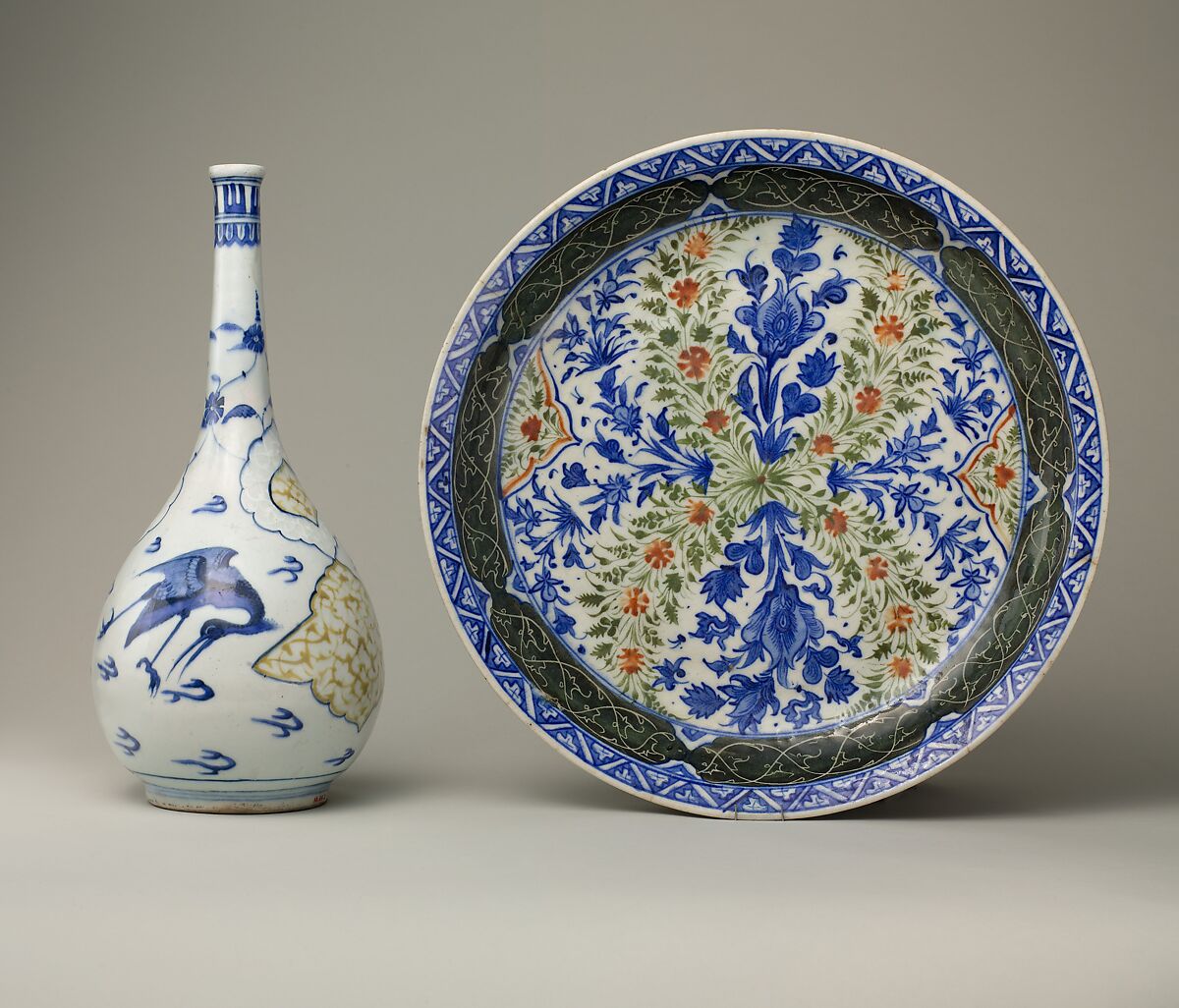 Bottle with Flying Cranes, Stonepaste; polychrome painted under transparent glaze