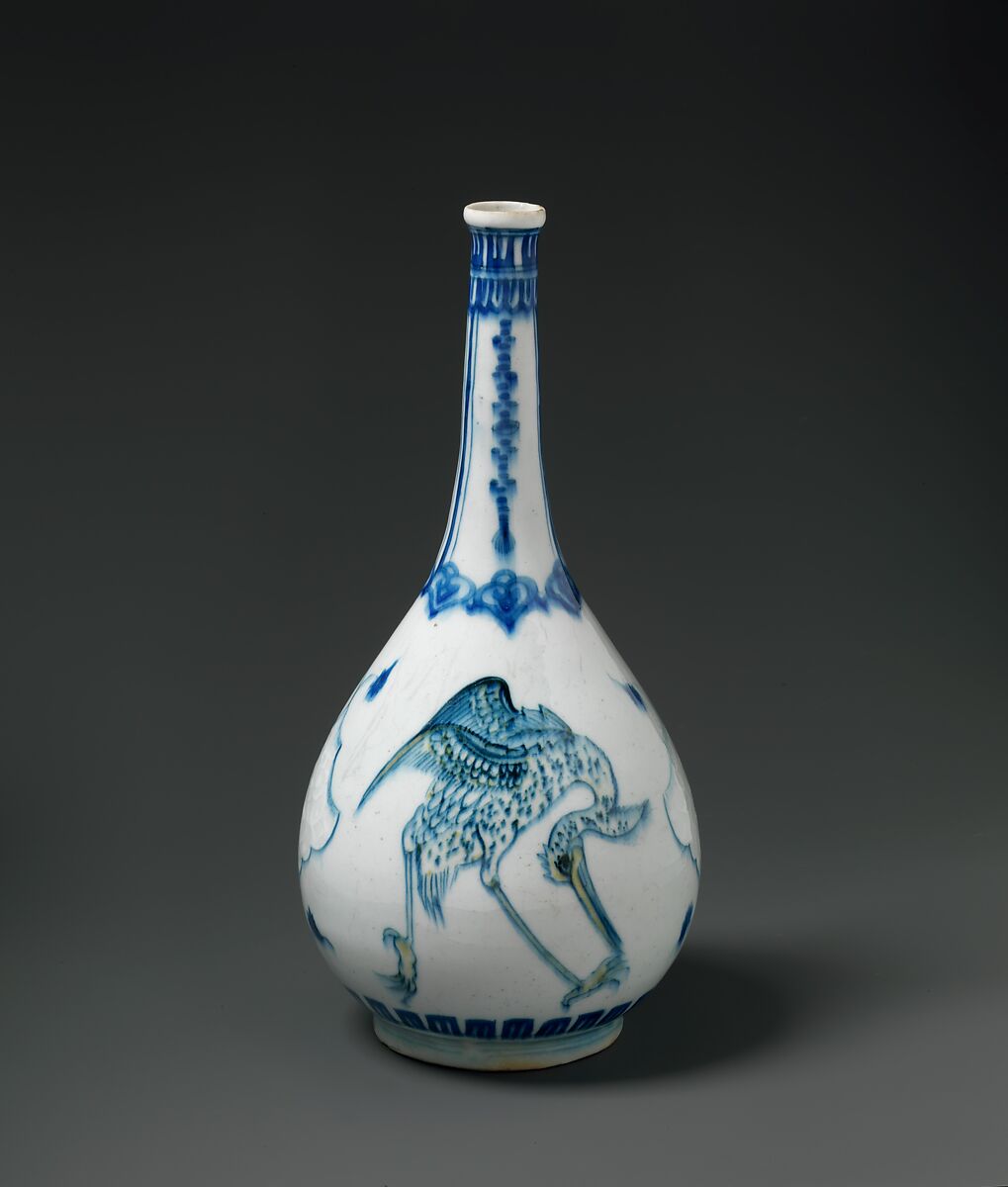 Bottle Depicting Storks in Blue and Yellow on a White Background, Stonepaste; polychrome painted under transparent glaze