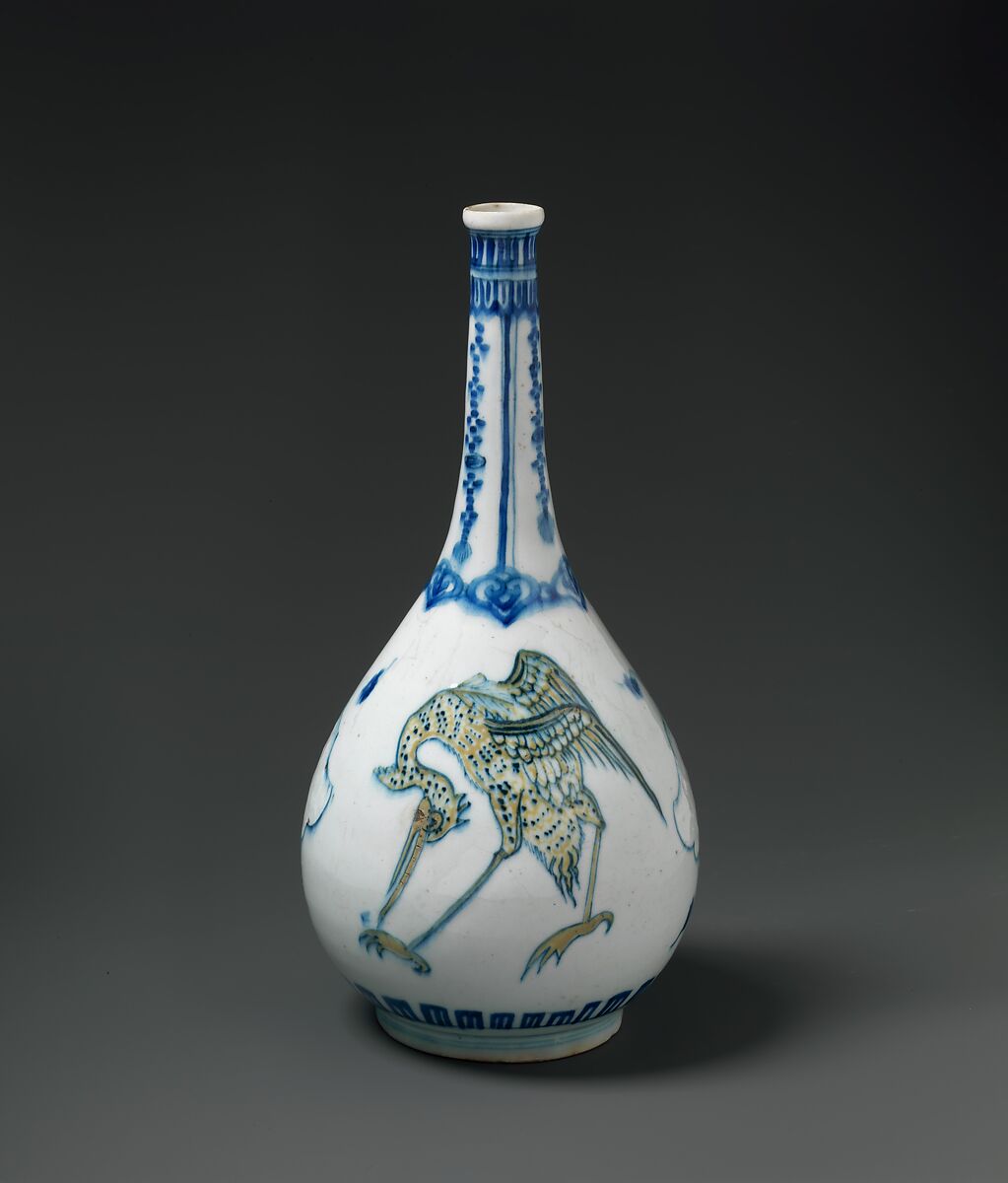 Bottle Depicting Storks in Blue and Yellow on a White Background, Stonepaste; polychrome painted under transparent glaze 
