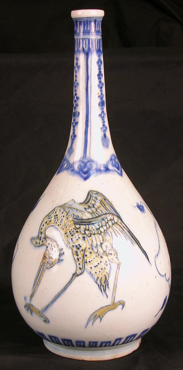 Bottle Depicting Storks in Blue and Yellow on a White Background, Stonepaste; polychrome painted under transparent glaze