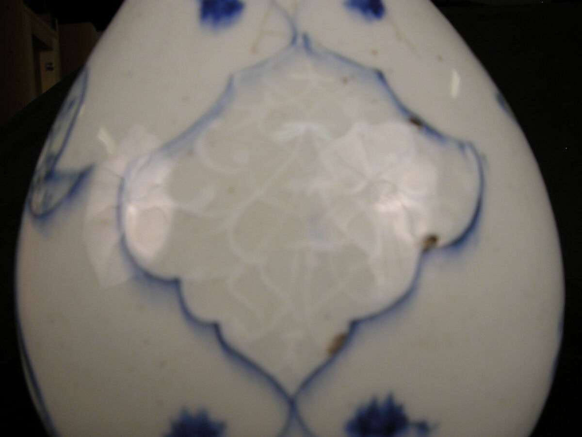 Bottle Depicting Storks in Blue and Yellow on a White Background, Stonepaste; polychrome painted under transparent glaze