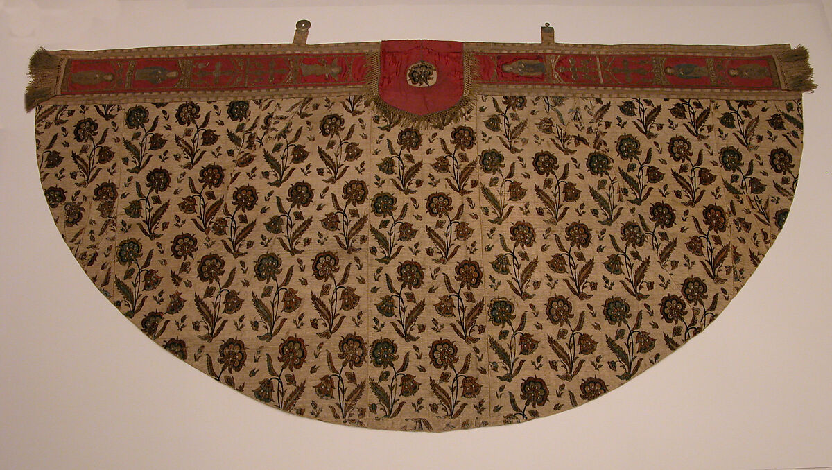 Cope, Silk, cotton, metal wrapped thread; cut and voided velvet, brocaded, embroidered, with engraved metal fittings
