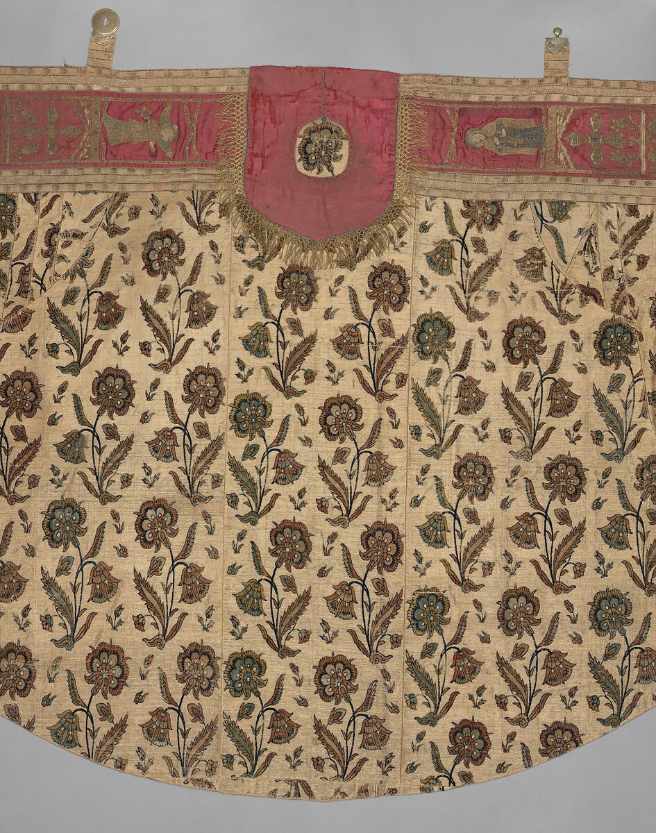 Cope, Silk, cotton, metal wrapped thread; cut and voided velvet, brocaded, embroidered, with engraved metal fittings