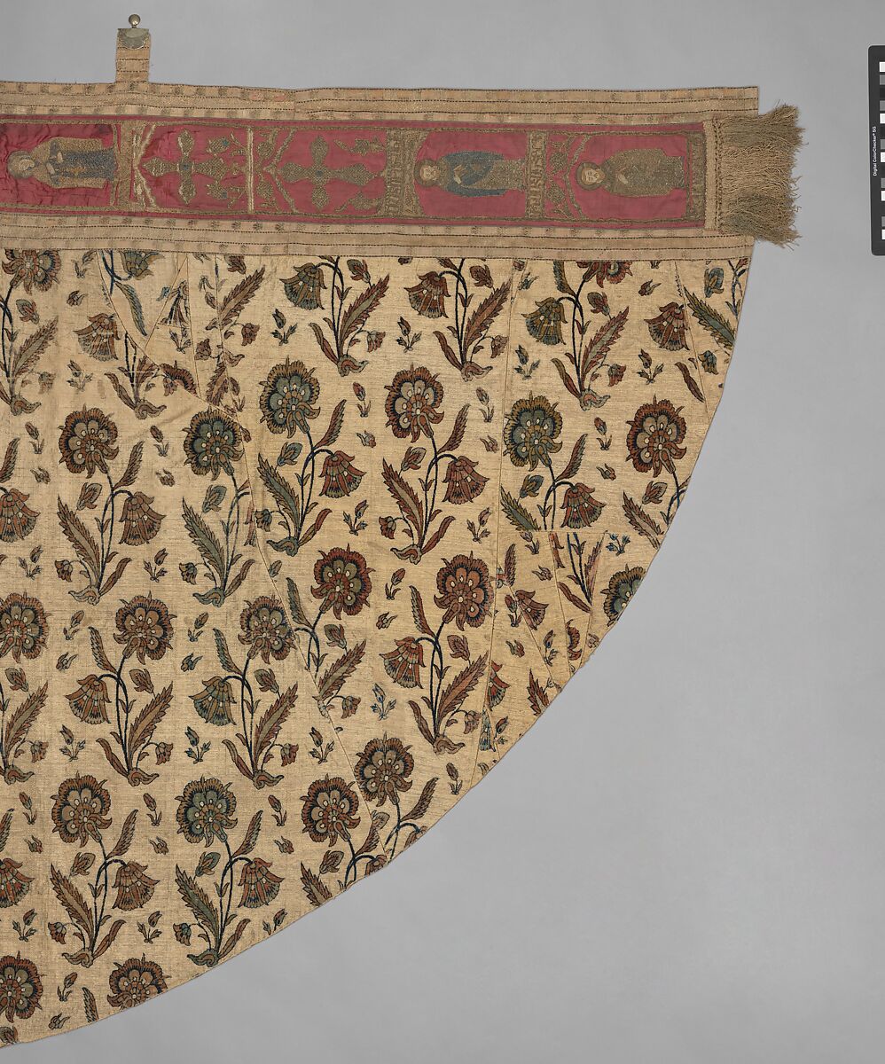 Cope, Silk, cotton, metal wrapped thread; cut and voided velvet, brocaded, embroidered, with engraved metal fittings