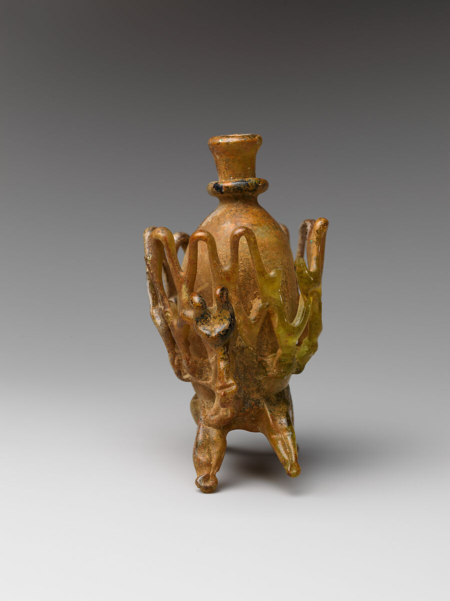 Flask, Glass; free blown, applied decoration, tooled on the blow-pipe