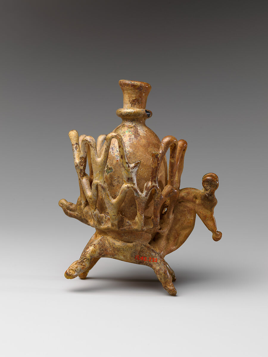 Flask, Glass; free blown, applied decoration, tooled on the blow-pipe