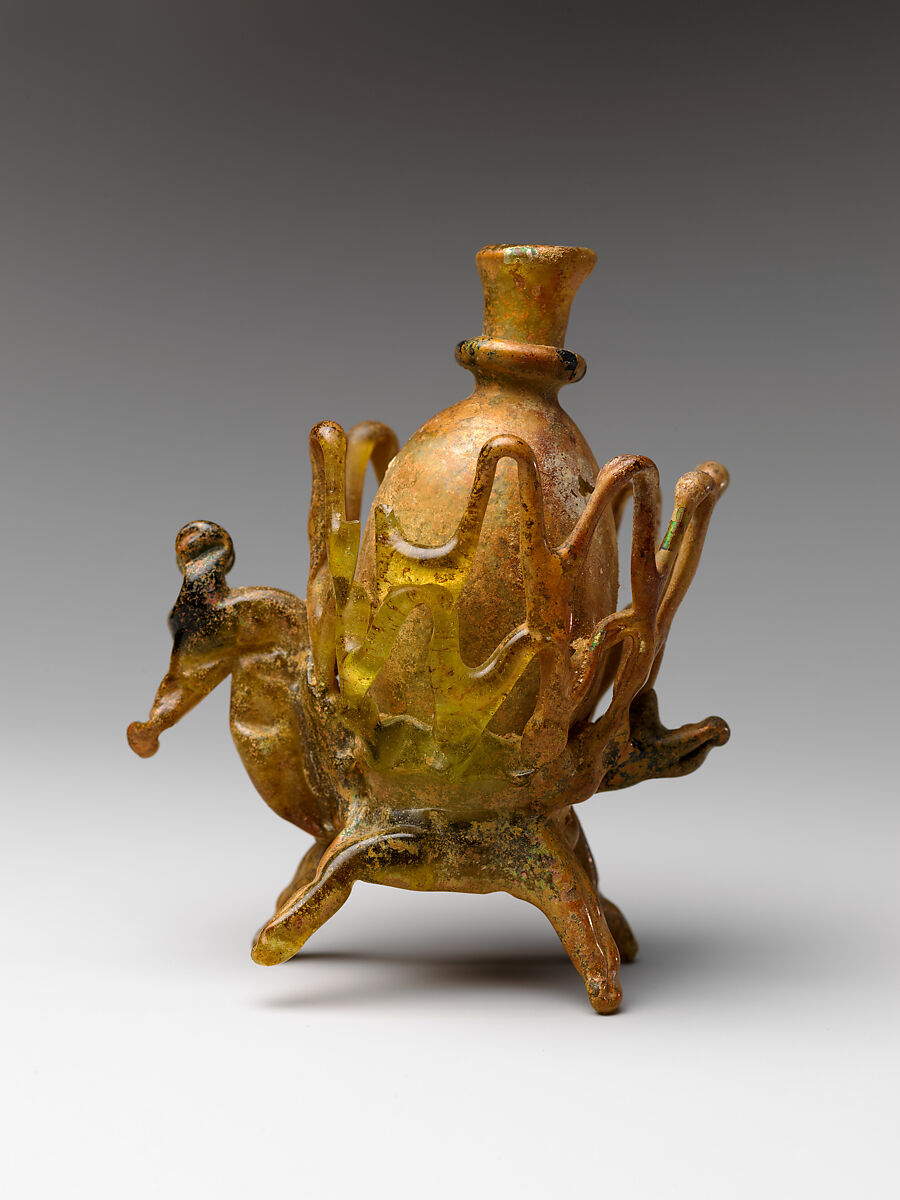 Flask, Glass; free blown, applied decoration, tooled on the blow-pipe