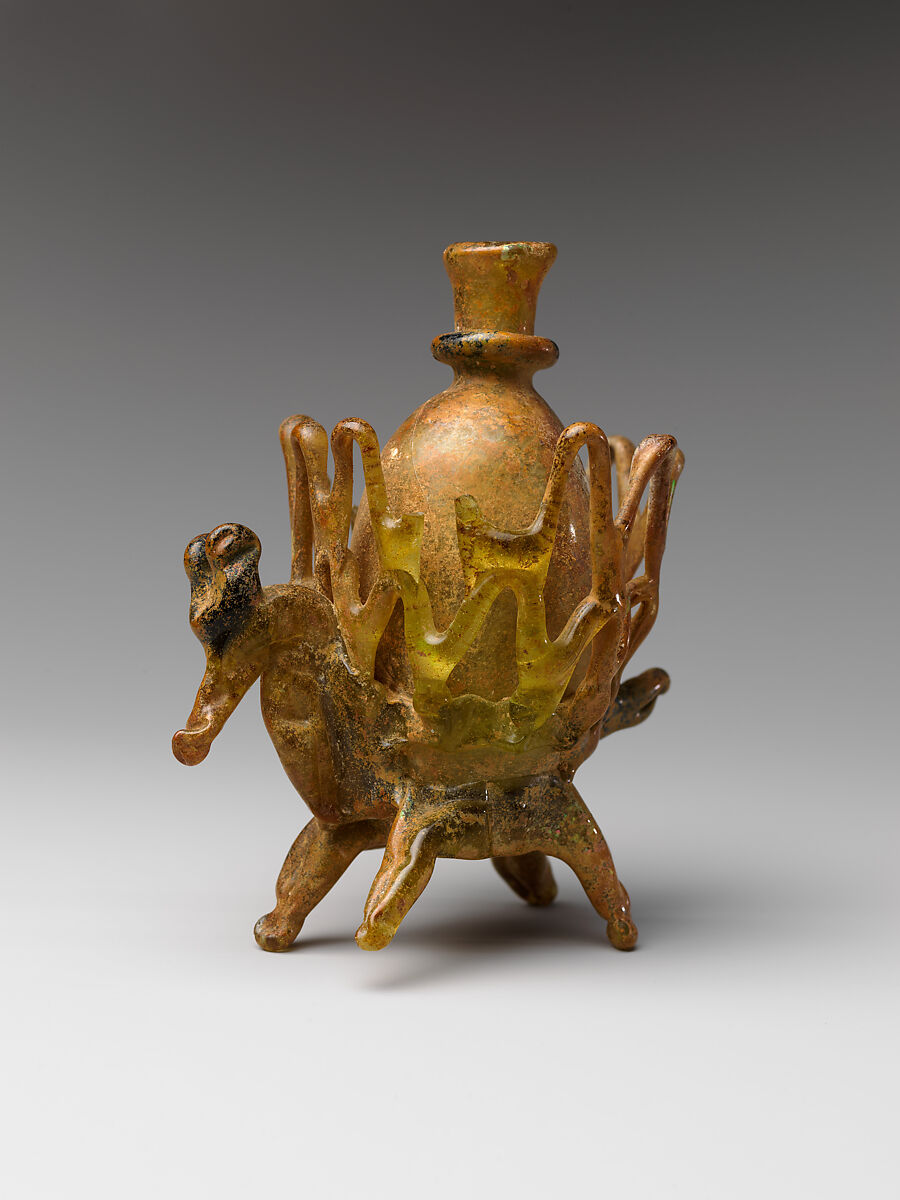 Flask, Glass; free blown, applied decoration, tooled on the blow-pipe