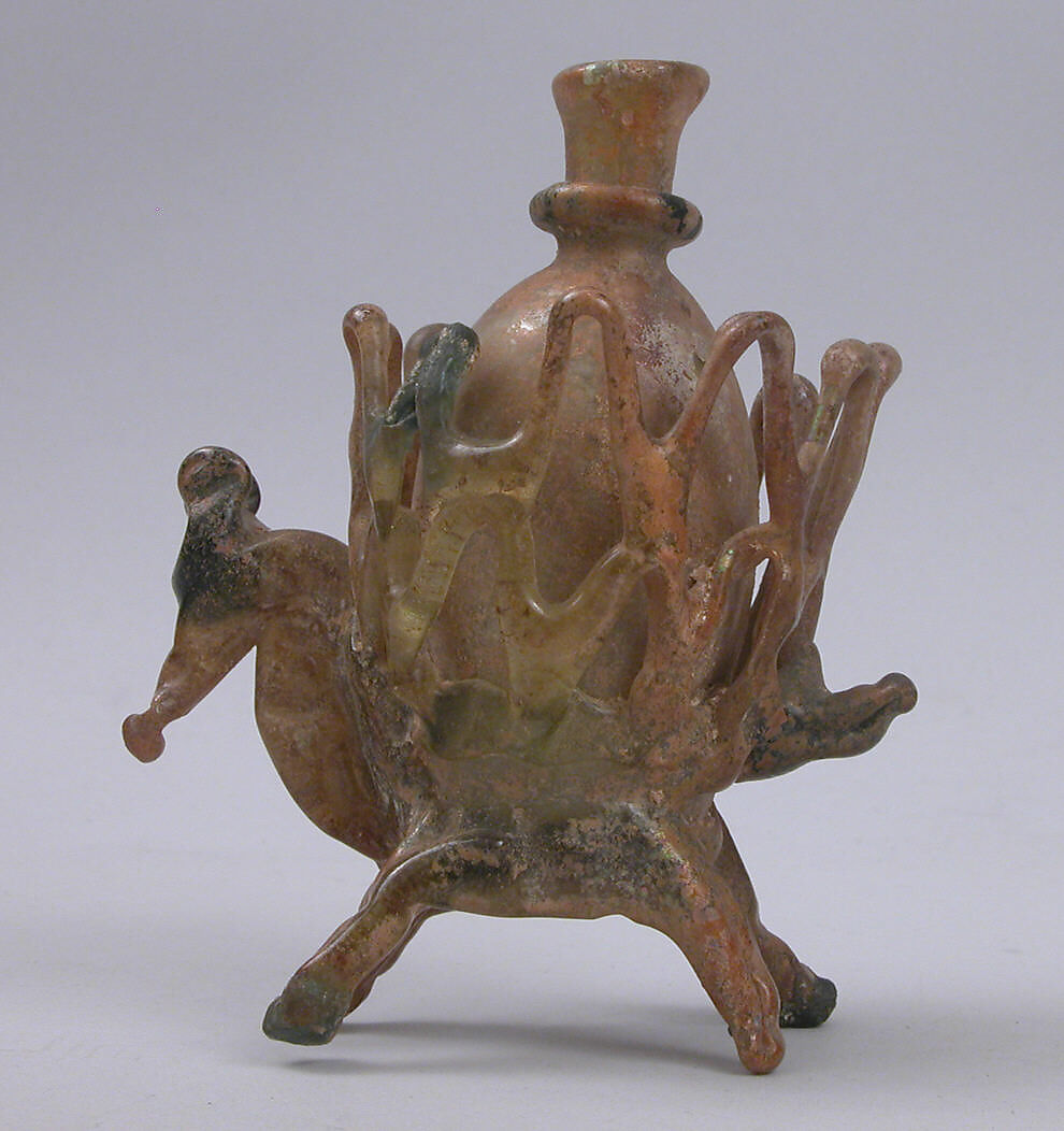 Flask, Glass; free blown, applied decoration, tooled on the blow-pipe