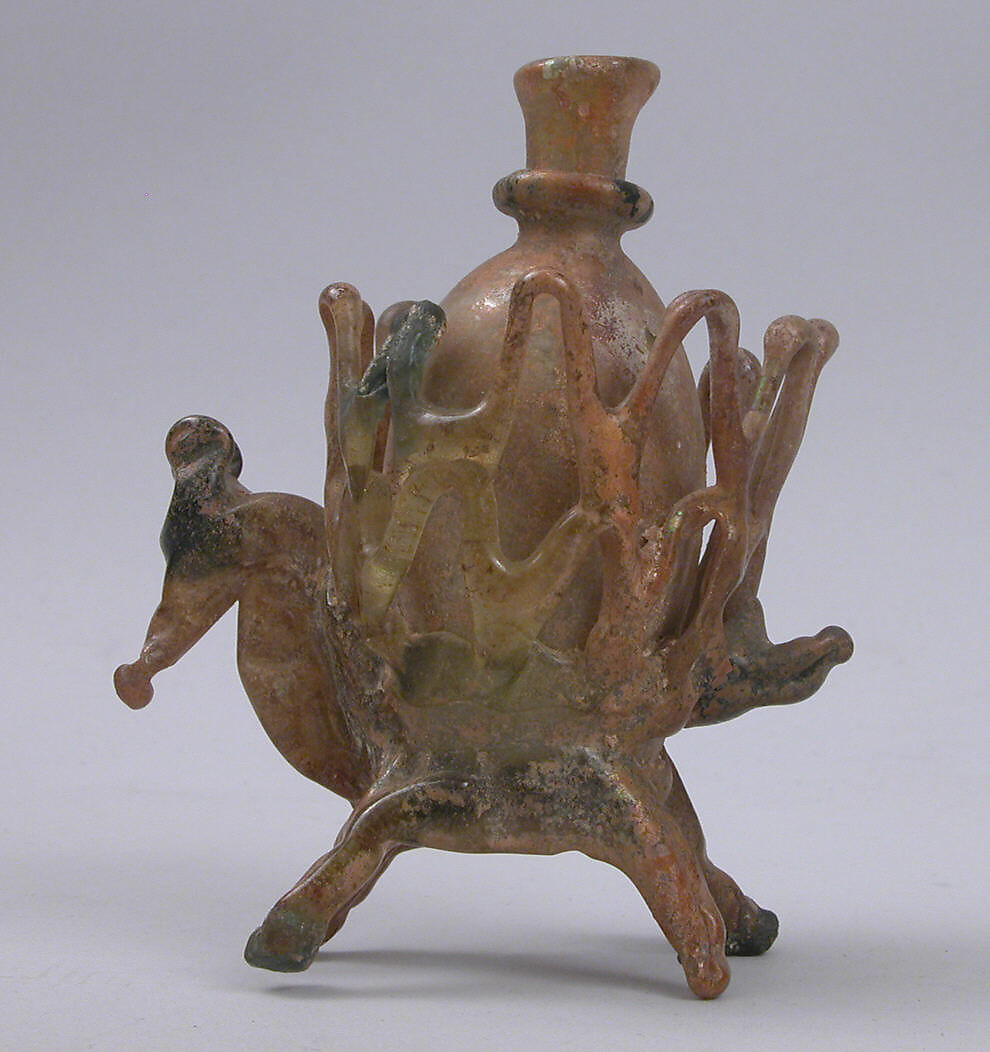 Flask, Glass; free blown, applied decoration, tooled on the blow-pipe 