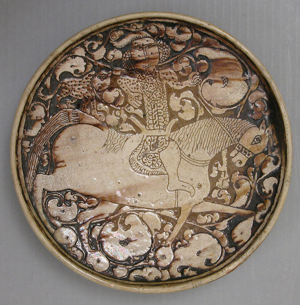 Dish with a Horseman and Trained Cheetah, Earthenware; slipped and carved under transparent colorless-brown glaze 