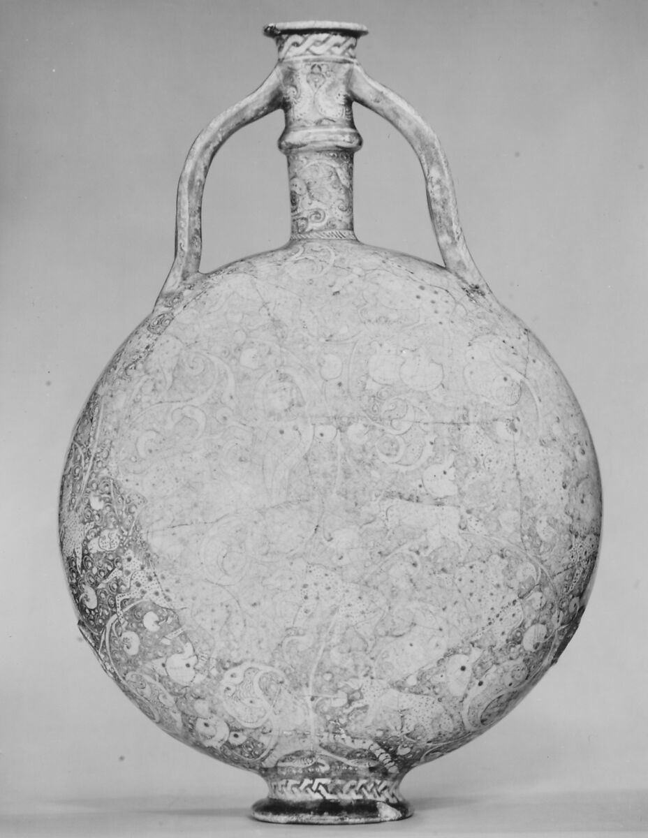 Flask with Harpies, Animals, and Human Figures in Lush Vegetation and a Pond, Stonepaste; molded, luster-painted over opaque white glaze