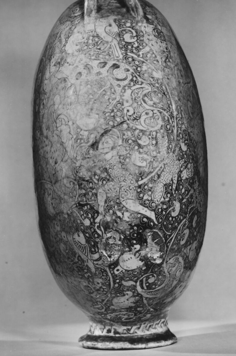 Flask with Harpies, Animals, and Human Figures in Lush Vegetation and a Pond, Stonepaste; molded, luster-painted over opaque white glaze