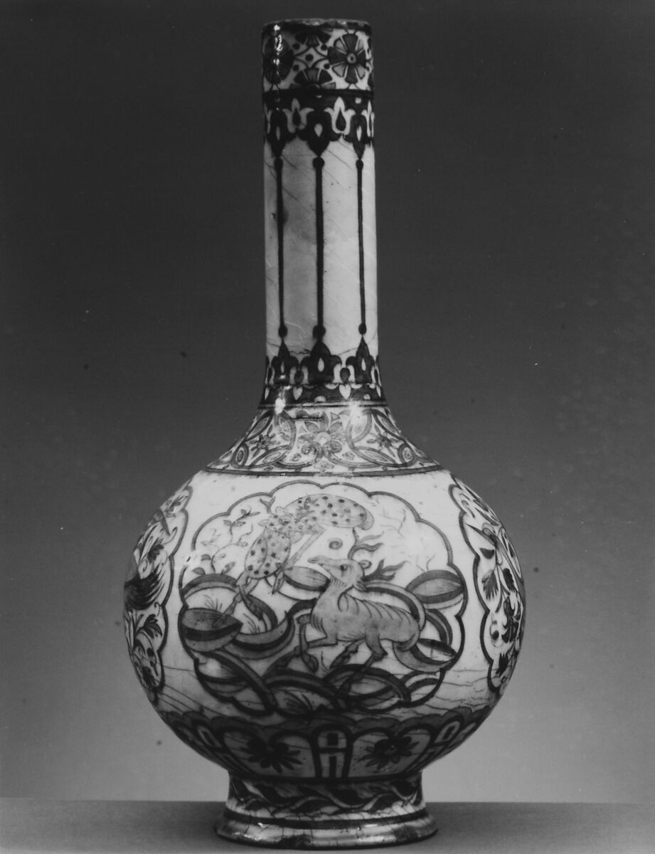 Bottle, Stonepaste; painted in blue under transparent glaze