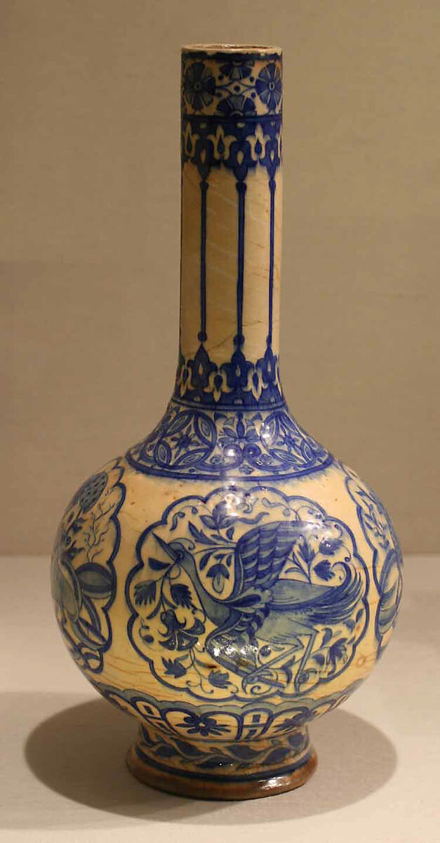 Bottle, Stonepaste; painted in blue under transparent glaze 