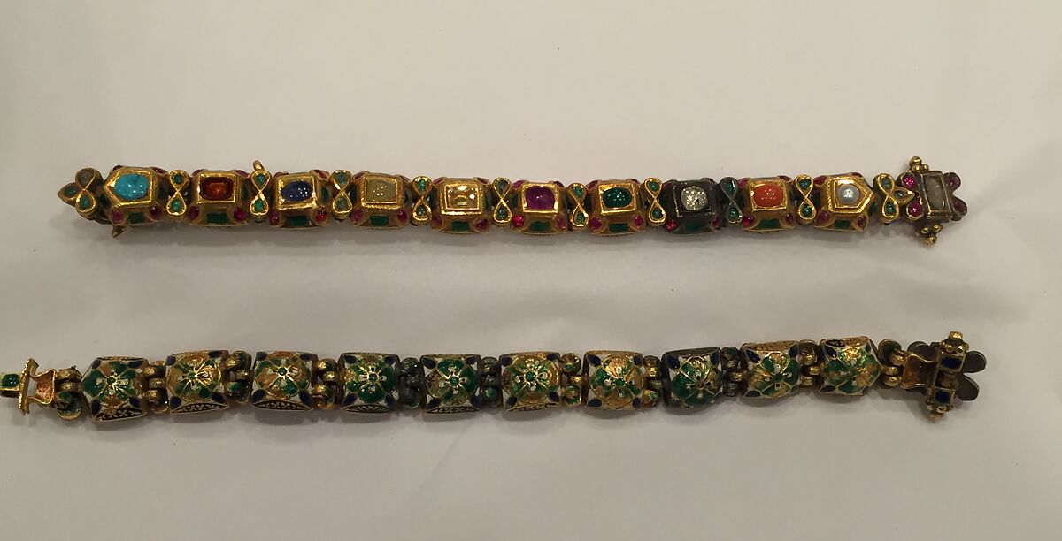 Nine-Gem (Navaratna) Talismanic Bracelet, One of a Pair, Gold, enamel; inset with emeralds, turquoise, garnets, sapphires, diamonds, agate, coral, pearls, and topaz