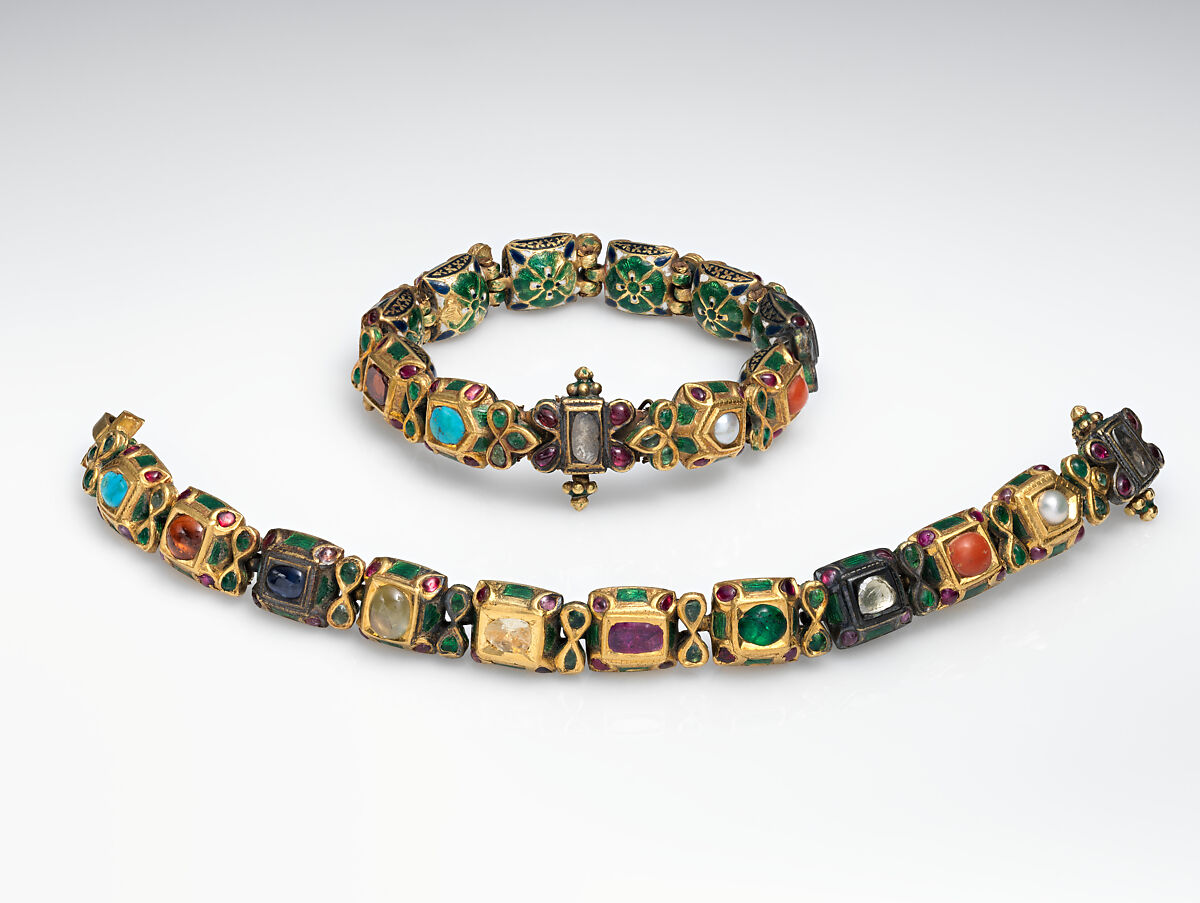 Nine-Gem (Navaratna) Talismanic Bracelet, One of a Pair, Gold, enamel; inset with emeralds, turquoise, garnets, sapphires, diamonds, agate, coral, pearls, and topaz 