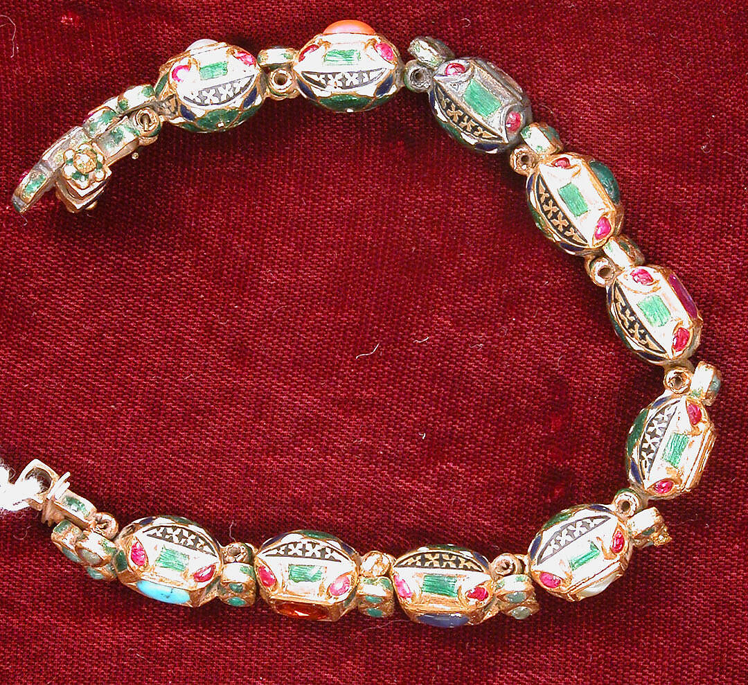 Nine-Gem (Navaratna) Talismanic Bracelet, One of a Pair, Gold, enamel; inset with emeralds, turquoise, garnets, sapphires, diamonds, agate, coral, pearls, and topaz