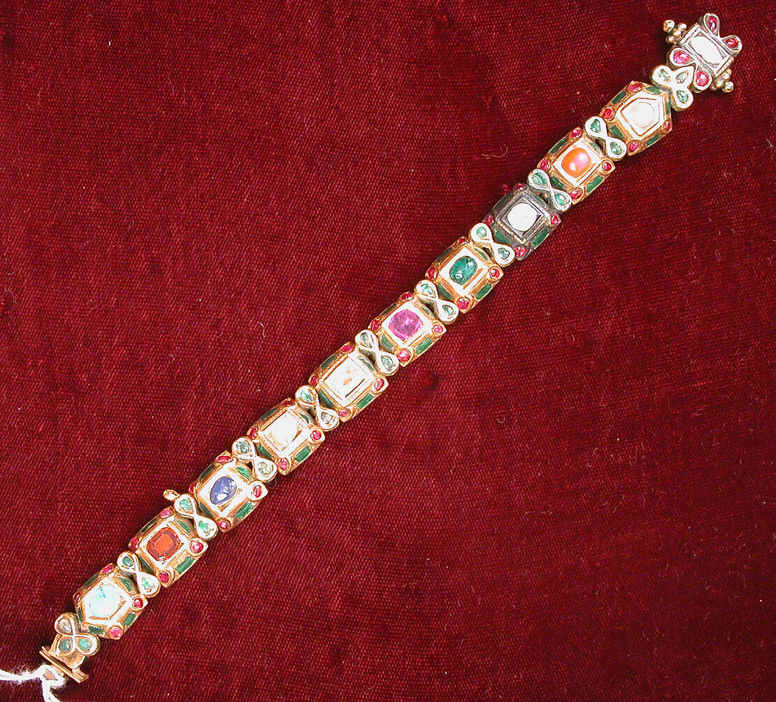 Nine-Gem (Navaratna) Talismanic Bracelet, One of a Pair, Gold, enamel; inset with emeralds, turquoise, garnets, sapphires, diamonds, agate, coral, pearls, and topaz