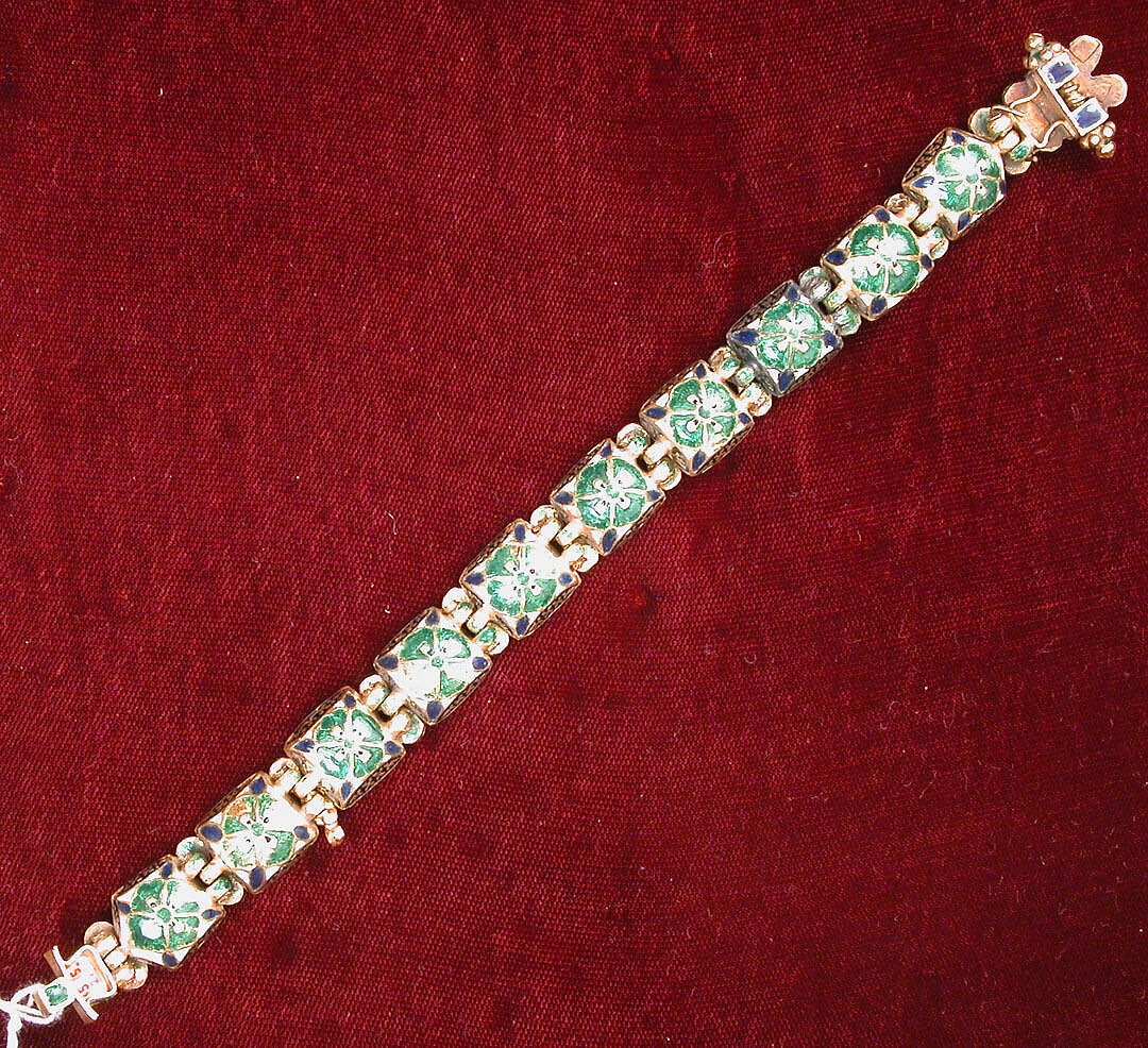 Nine-Gem (Navaratna) Talismanic Bracelet, One of a Pair, Gold, enamel; inset with emeralds, turquoise, garnets, sapphires, diamonds, agate, coral, pearls, and topaz