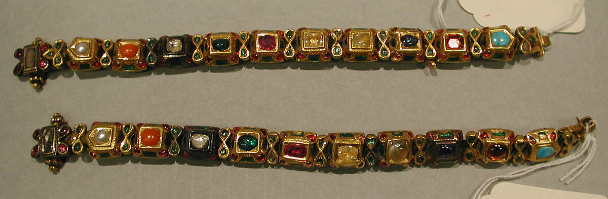 Nine-Gem (Navaratna) Talismanic Bracelet, One of a Pair, Gold, enamel; inset with emeralds, turquoise, garnets, sapphires, diamonds, agate, coral, pearls, and topaz