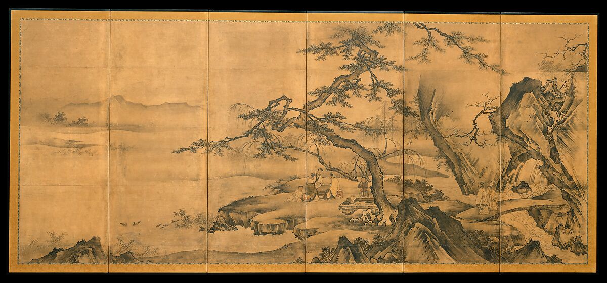 The Four Accomplishments, Kano Motonobu 狩野元信 (Japanese, 1477–1559), Pair of six-panel folding screens; ink and color on paper, Japan 