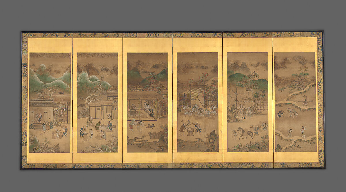 Farmers' Lives in the Twelve Months, Pair of six-panel folding screens; ink and color on paper, Japan