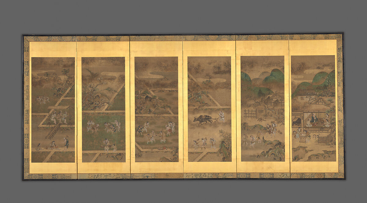Farmers' Lives in the Twelve Months, Pair of six-panel folding screens; ink and color on paper, Japan 