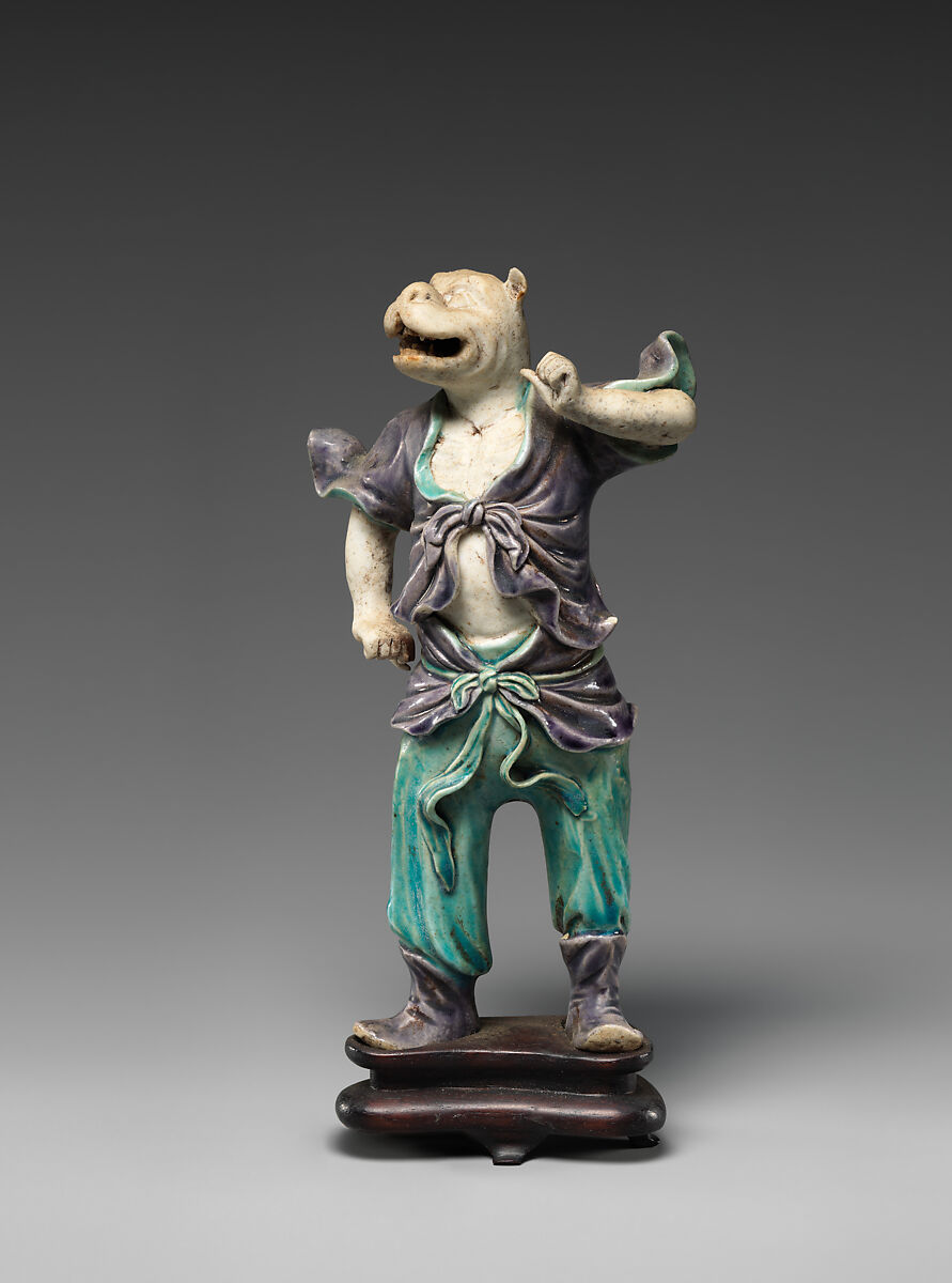 Zodiac figure of a tiger, Porcelain, in the biscuit and with turquoise and aubergine glazes, China 