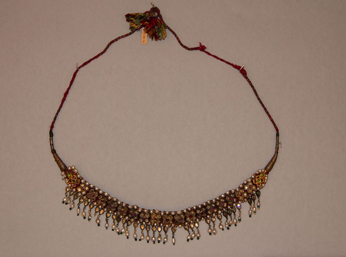 Necklace, Gold set with precious stones, pearls and glass; enamel work