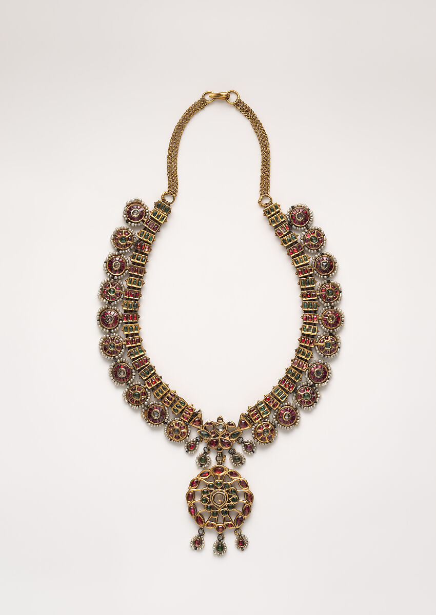 Necklace, Gold, diamonds, colorless sapphires, rubies, imitation emeralds (colorless rock crystal over green foil), and pearls 
