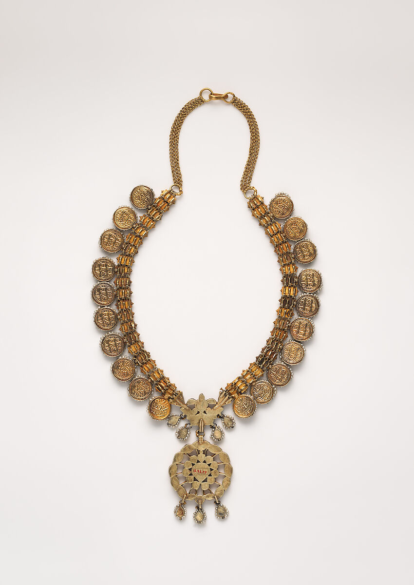 Necklace, Gold, diamonds, colorless sapphires, rubies, imitation emeralds (colorless rock crystal over green foil), and pearls