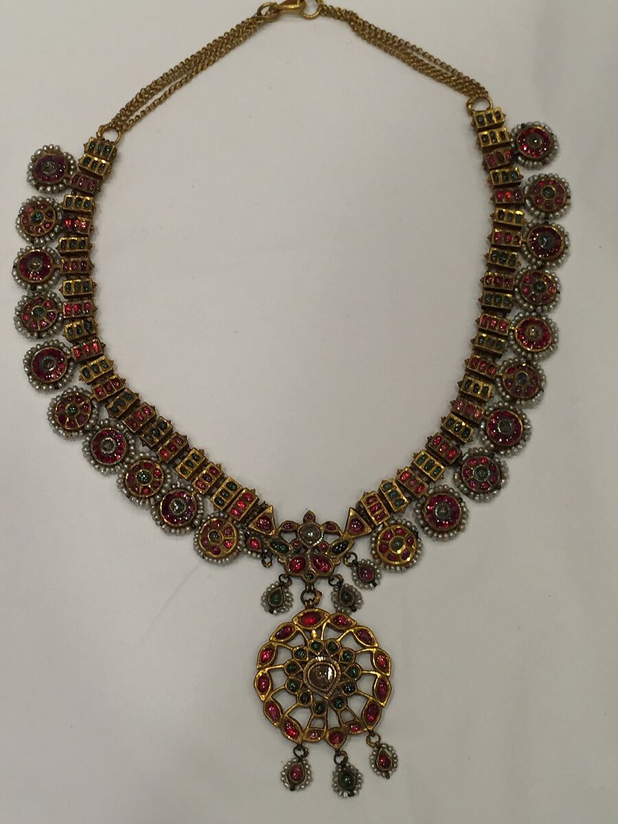 Necklace, Gold, diamonds, colorless sapphires, rubies, imitation emeralds (colorless rock crystal over green foil), and pearls