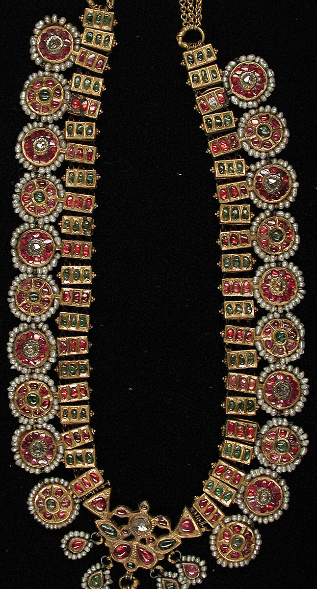 Necklace, Gold, diamonds, colorless sapphires, rubies, imitation emeralds (colorless rock crystal over green foil), and pearls