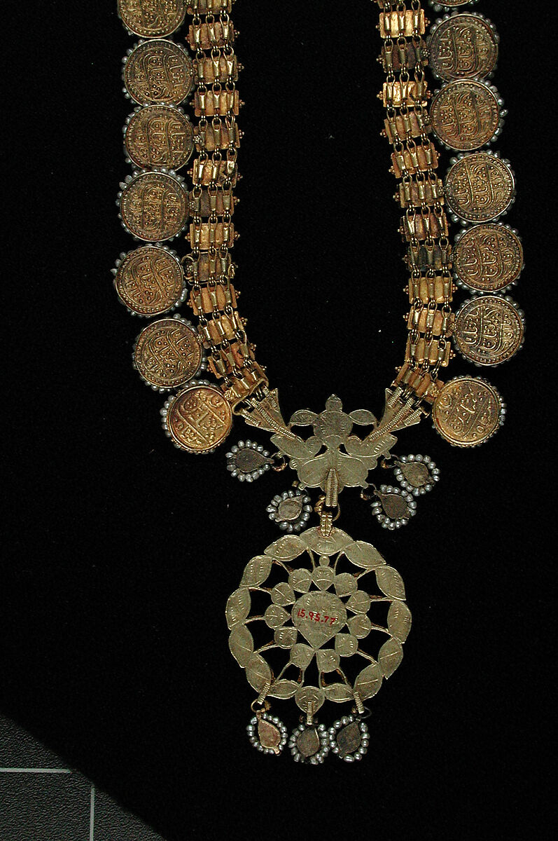 Necklace, Gold, diamonds, colorless sapphires, rubies, imitation emeralds (colorless rock crystal over green foil), and pearls