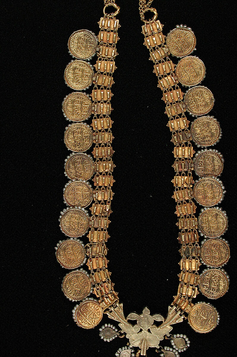 Necklace, Gold, diamonds, colorless sapphires, rubies, imitation emeralds (colorless rock crystal over green foil), and pearls