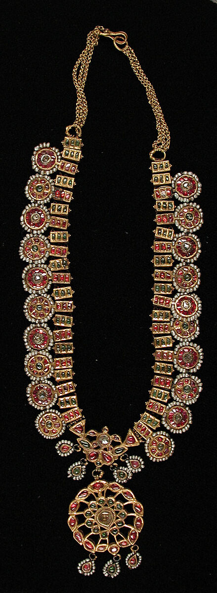 Necklace, Gold, diamonds, colorless sapphires, rubies, imitation emeralds (colorless rock crystal over green foil), and pearls