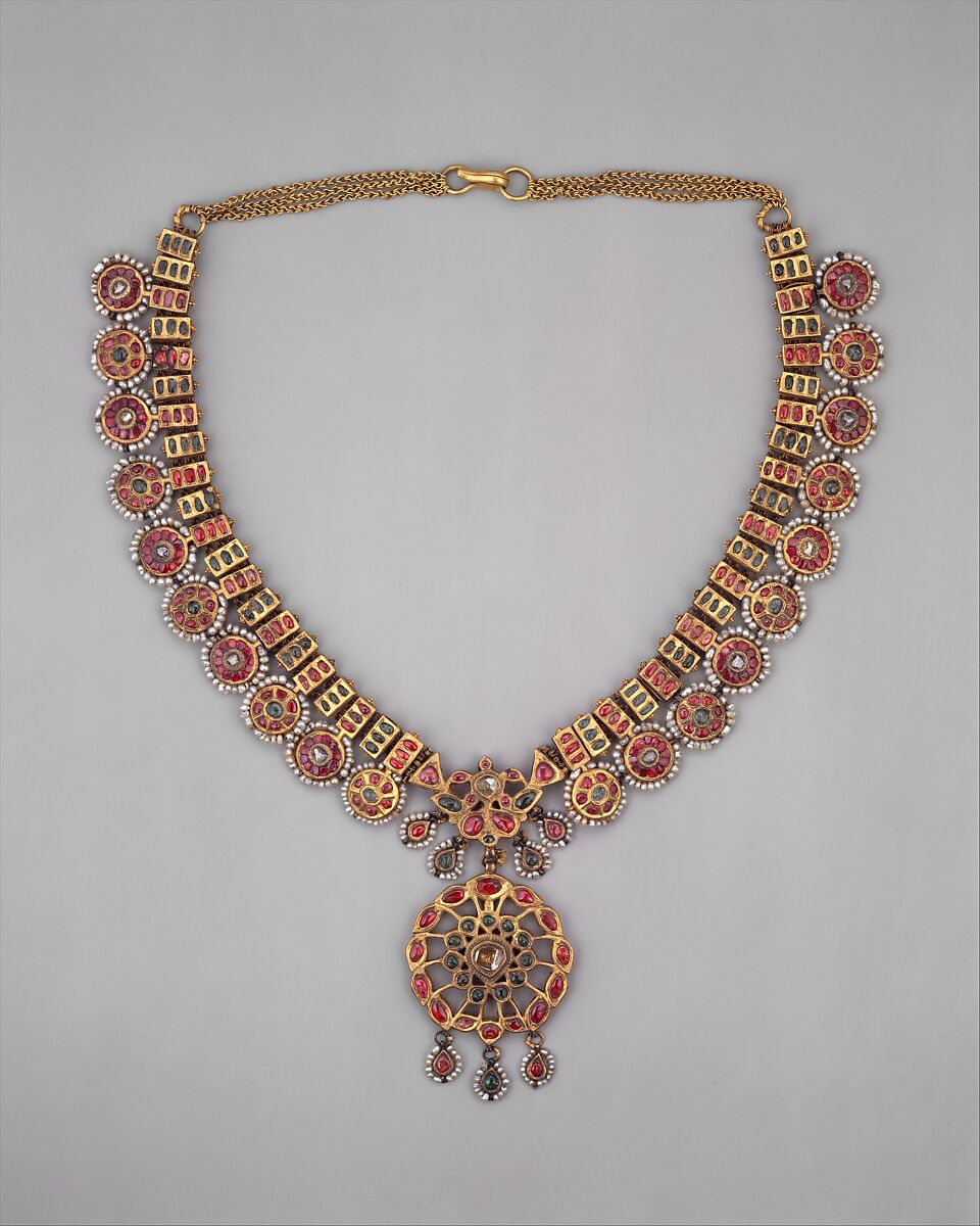 Necklace, Gold, diamonds, colorless sapphires, rubies, imitation emeralds (colorless rock crystal over green foil), and pearls