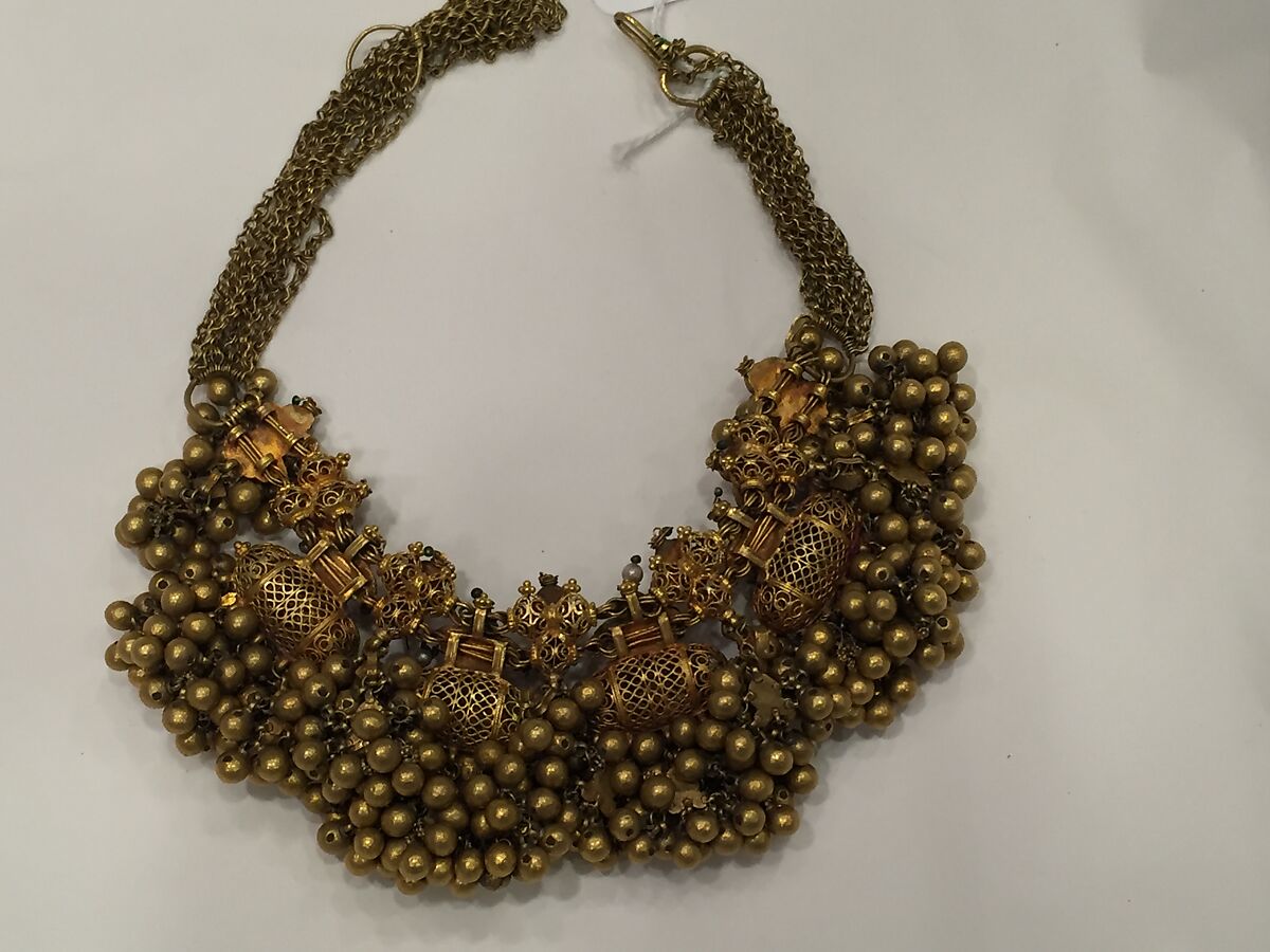 Necklace with Embellished Amulet Forms, Gold, precious stones
