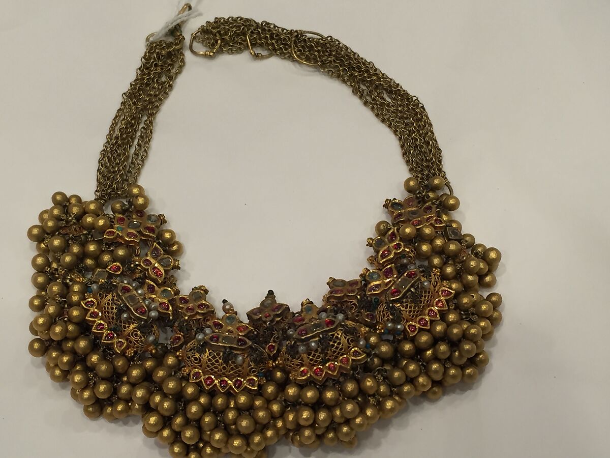 Necklace with Embellished Amulet Forms, Gold, precious stones