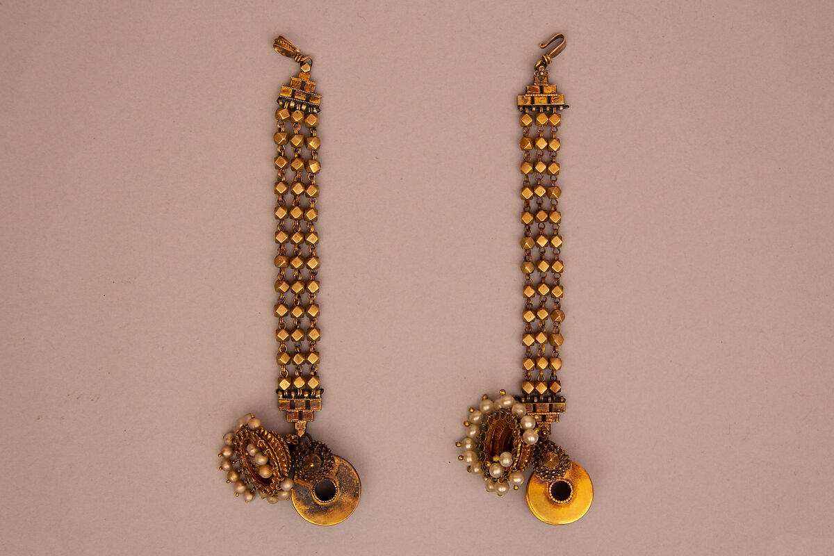Hair / Ear Ornament, One of a Pair, Gold and silver, imitation pearl